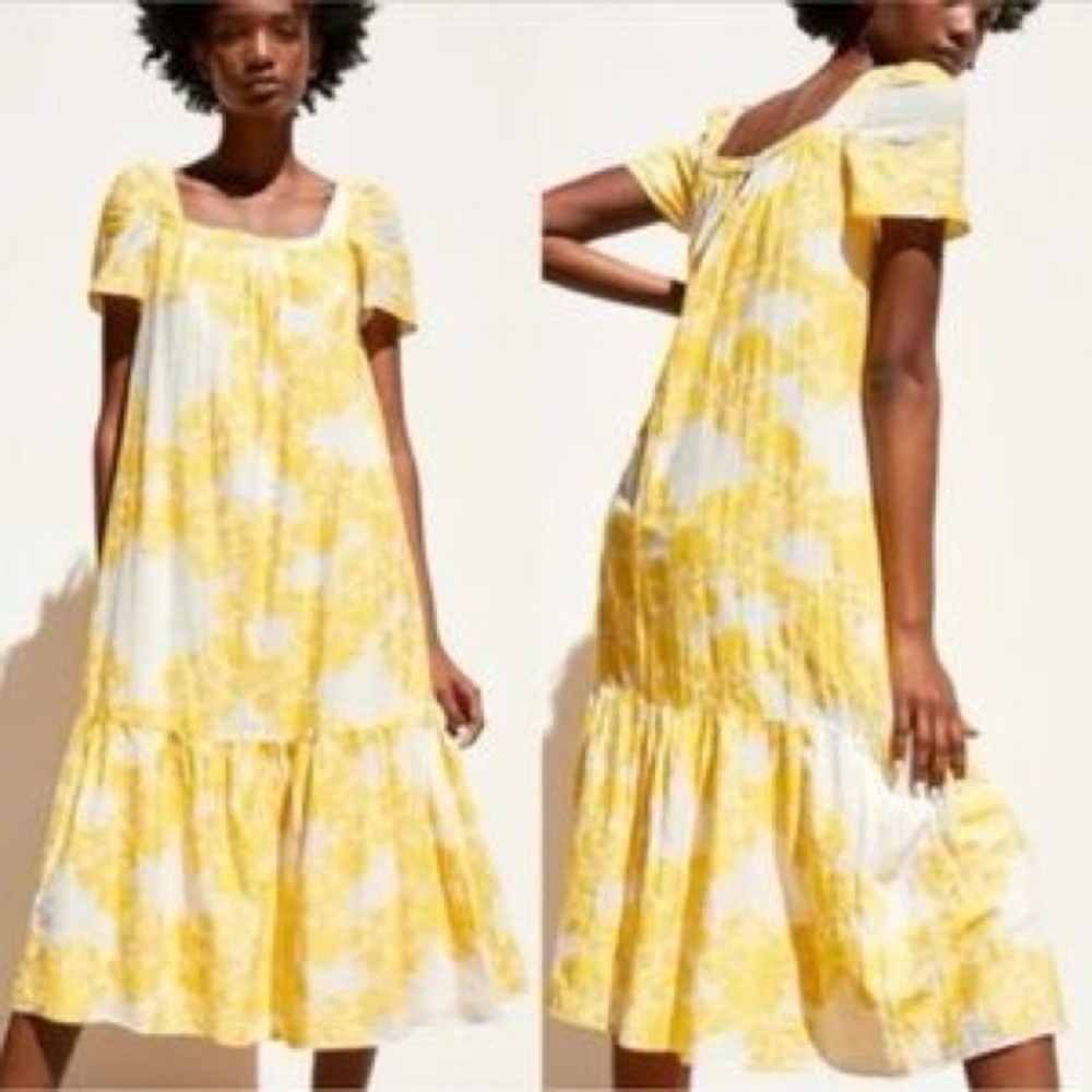 Zara 100% Cotton Yellow Off White Flutter Midi Sundress